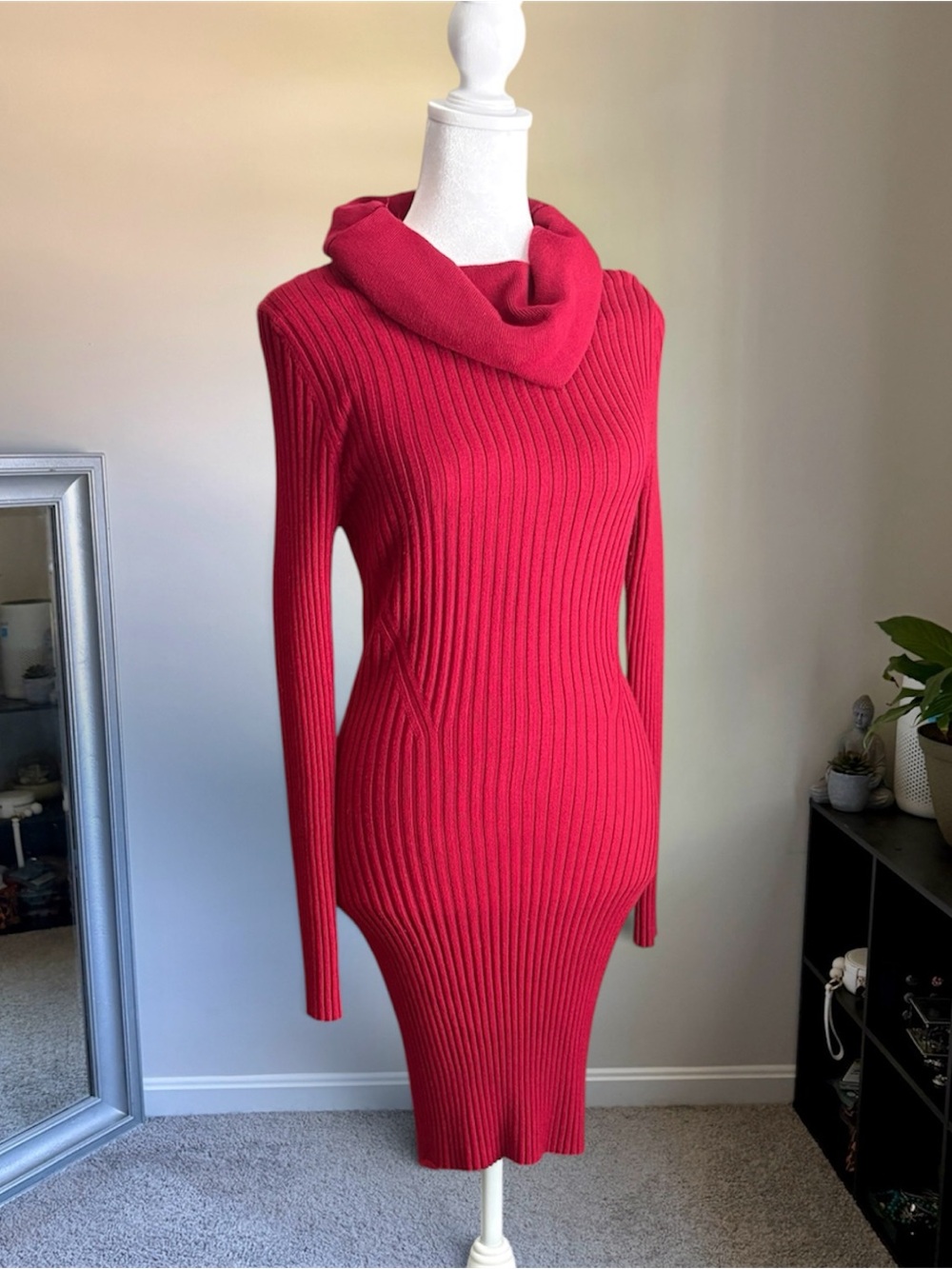 Ribbed Cowl-Neck Midi Dress in Red - Women